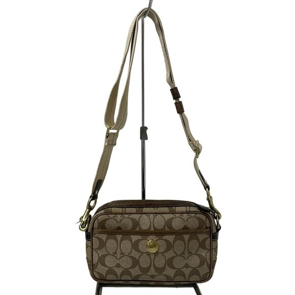Auth COACH Signature Heritage Striped Flight Shoulder 11355 Khaki Dark Brown PVC - Picture 9 of 10